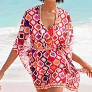 Trina Turk Size S Ogee Kaftan Multicolor Sheer Tunic Swim Cover Up